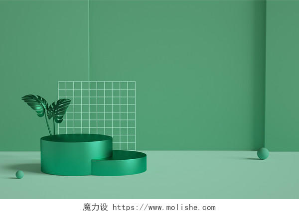 绿色简约3D立体极简清新展台背景插画